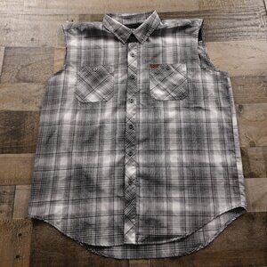 Orvis‎ cut off sleeve shirt vest men's extra large white gray plaid